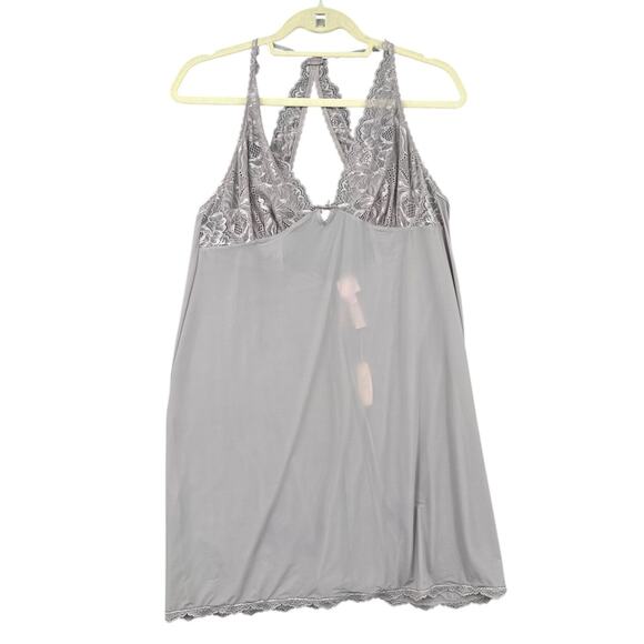 Victorias Secret Light Gray‎ Sheer Lace Trim Halter Neck Chemise Womens Large - Picture 1 of 7